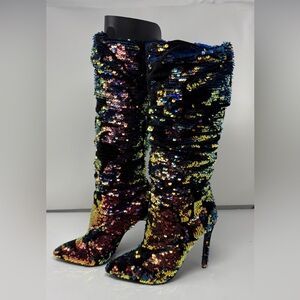 Stunning Blue Velvet & Sequin Sparkle Heeled Boots